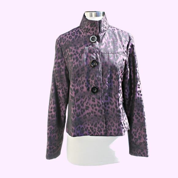600 West Women's Purple & Black Animal Leopard Print Jacket Button Up Size 8 - Picture 1 of 14